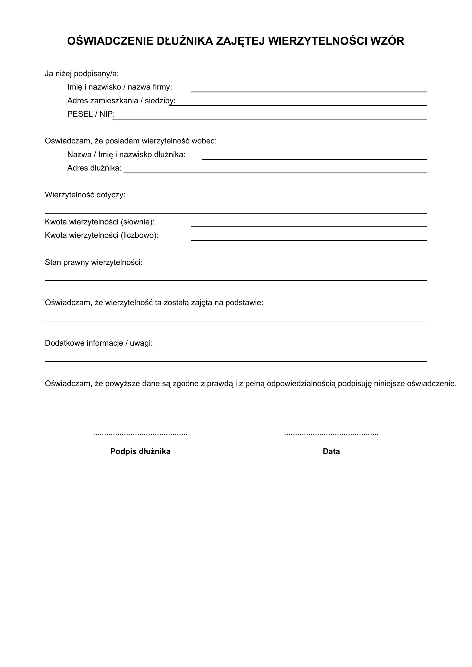Oświadczenie Dłużnika Zajętej Wierzytelności Wzór