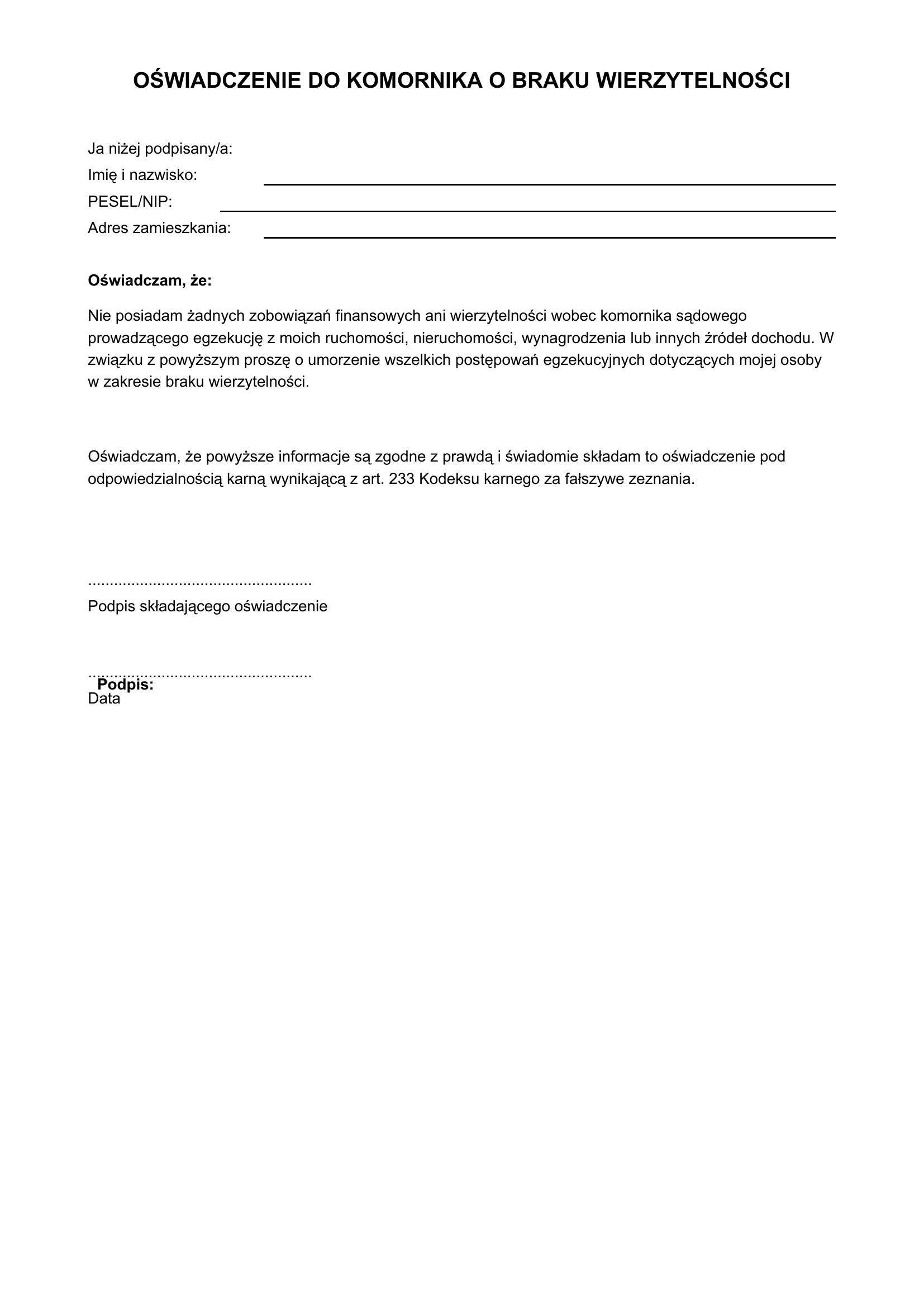 Oświadczenie Do Komornika O Braku Wierzytelności Wzór