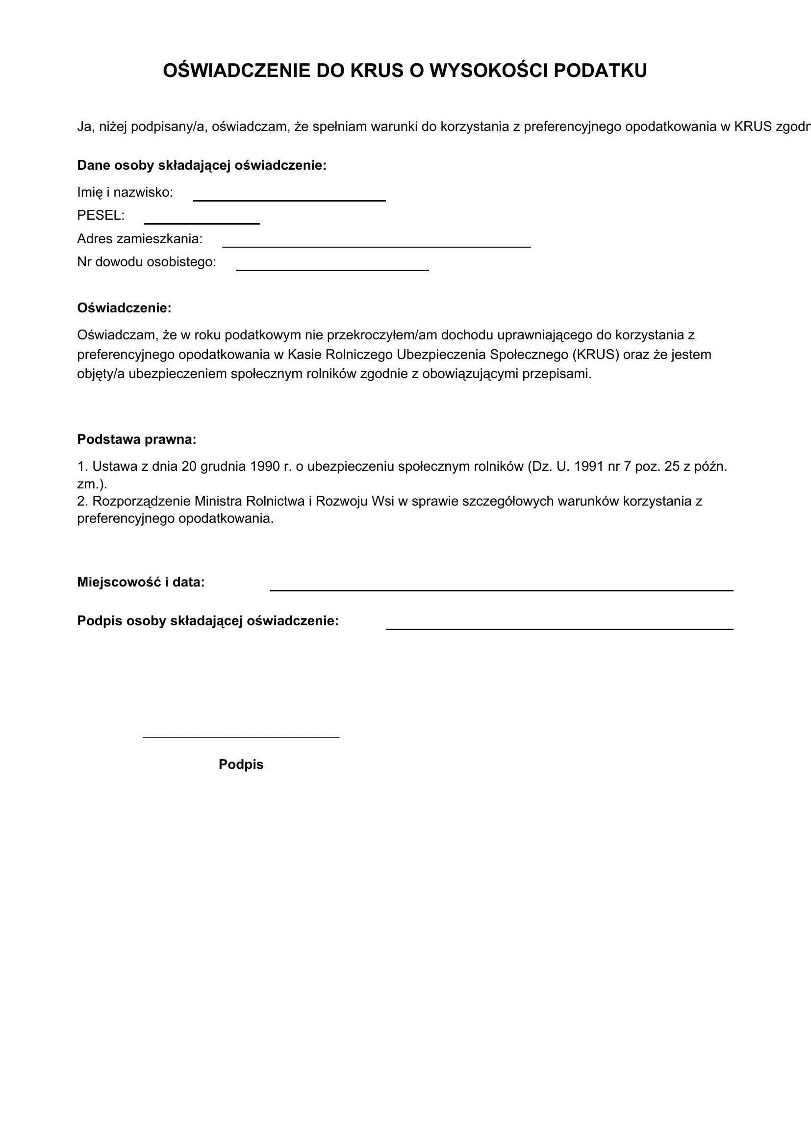Oświadczenie Do Krus O Wysokości Podatku Wzór