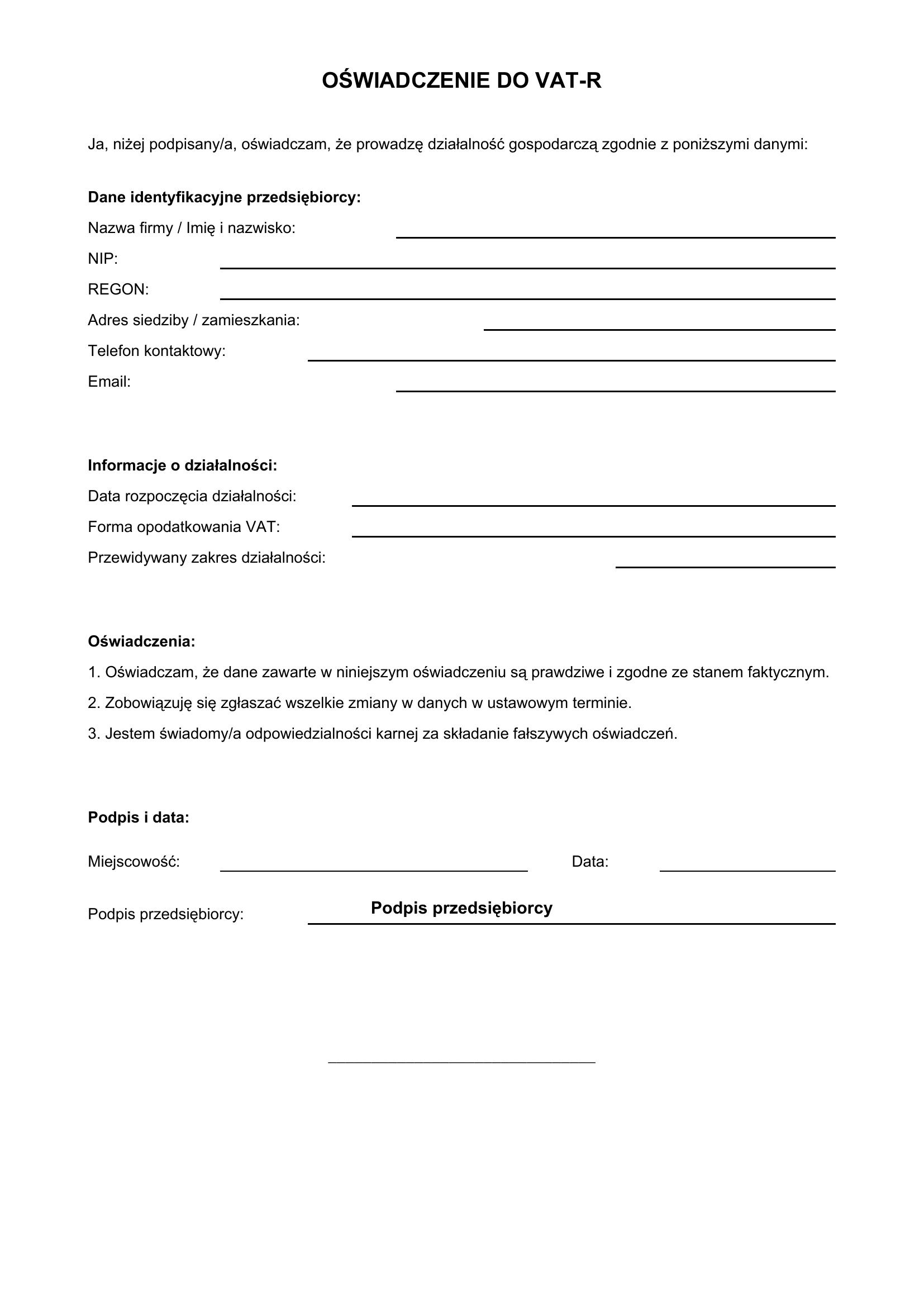 Oświadczenie Do Vat-R Wzór