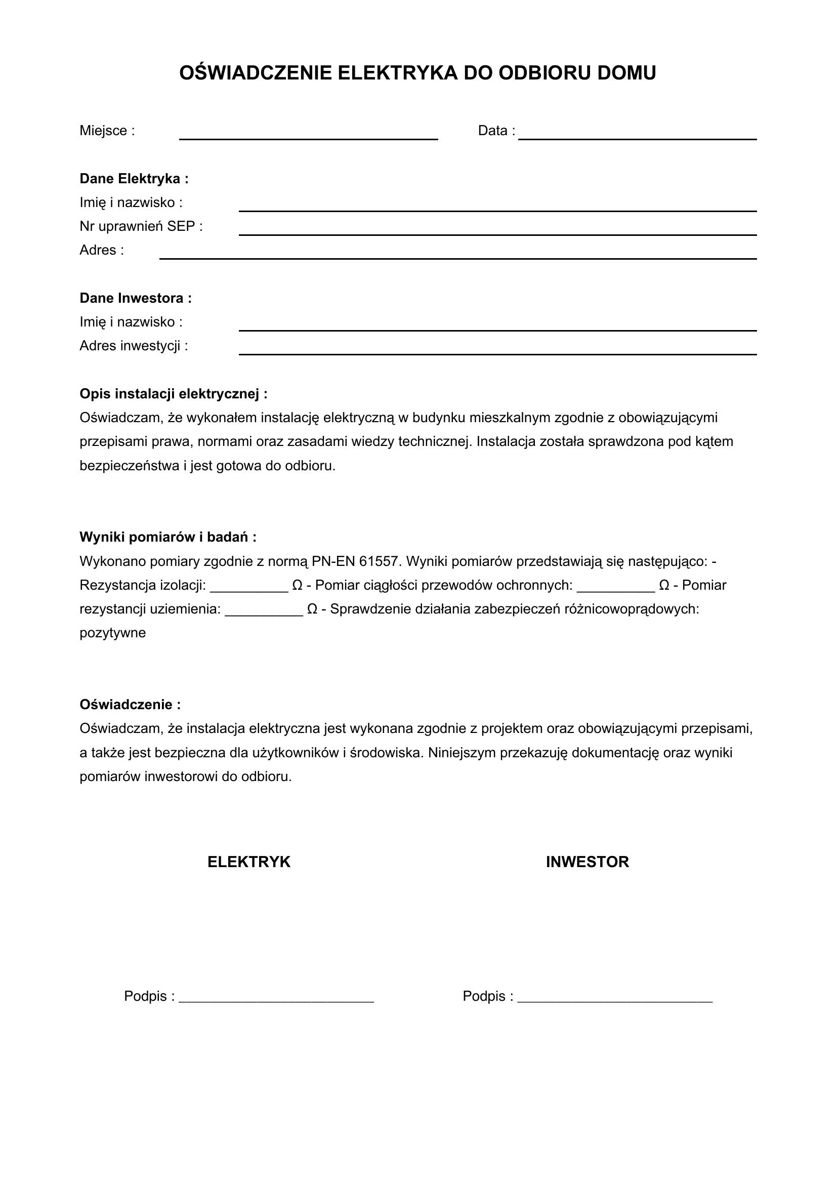 Oświadczenie Elektryka Do Odbioru Domu