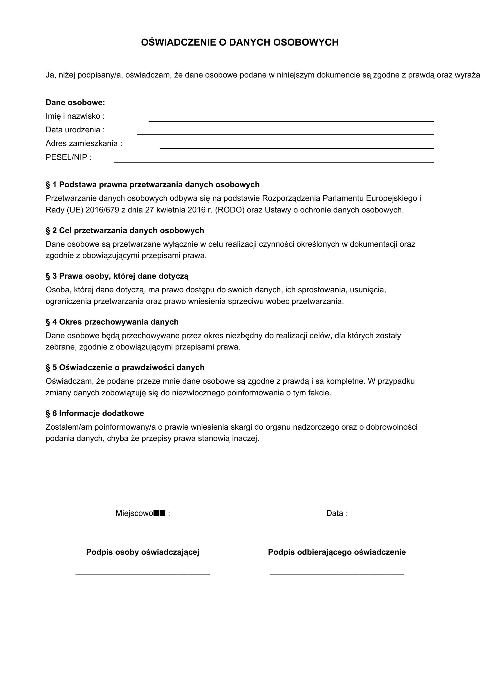 Oświadczenie O Danych Osobowych Wzór