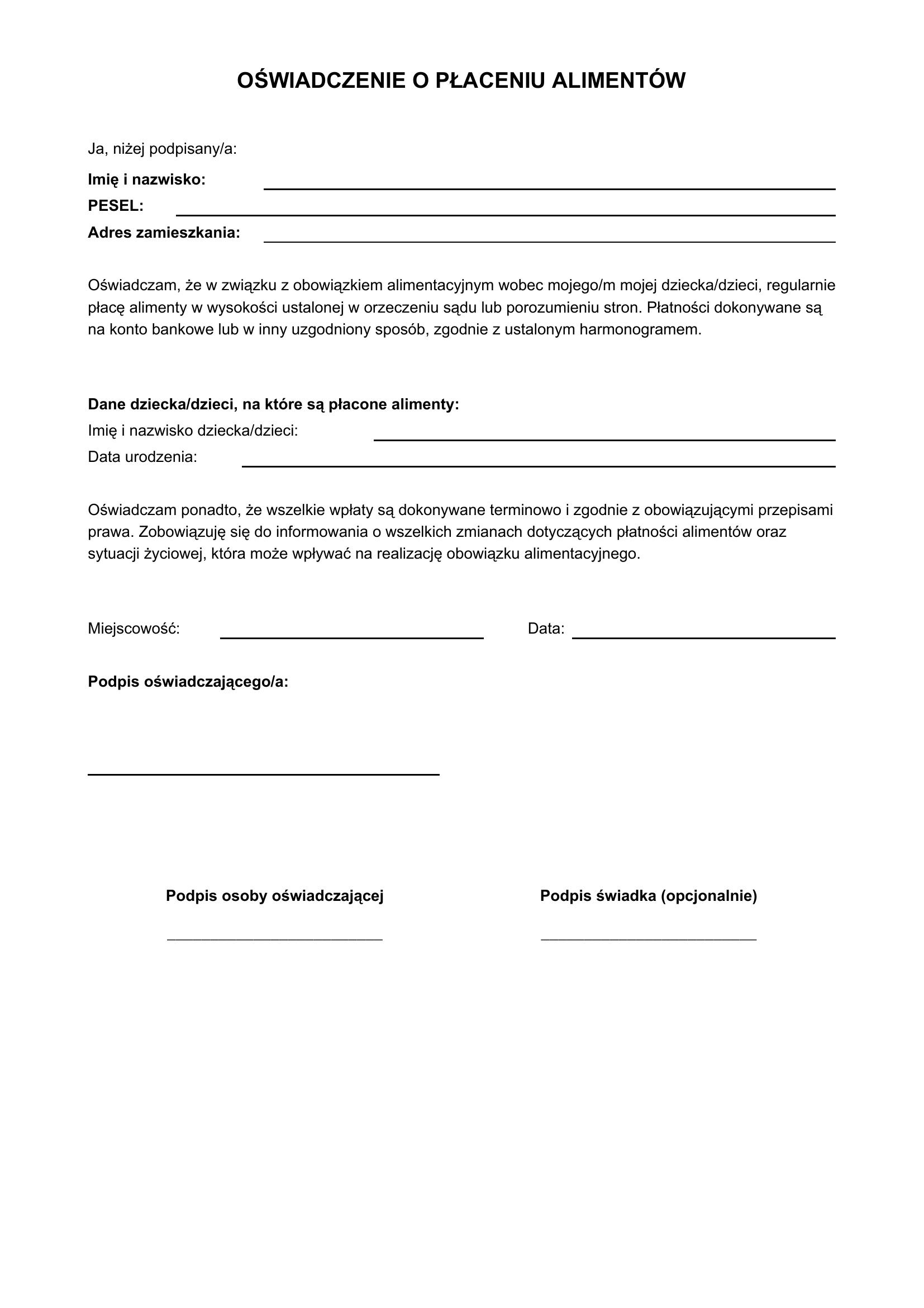 Oświadczenie O Płaceniu Alimentów Wzór