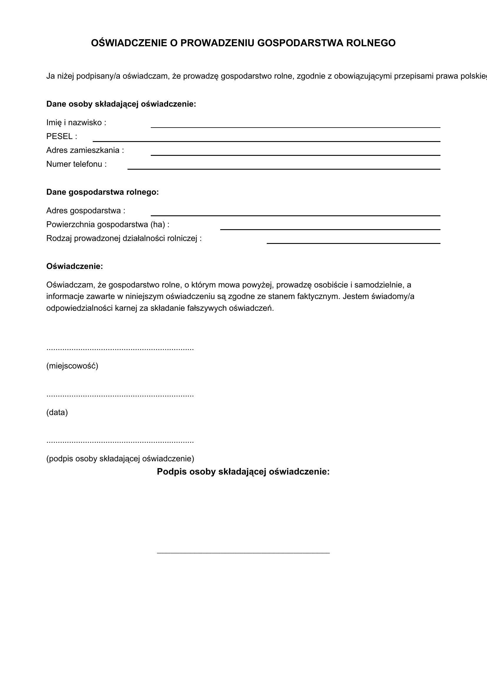 Oświadczenie O Prowadzeniu Gospodarstwa Rolnego Wzór