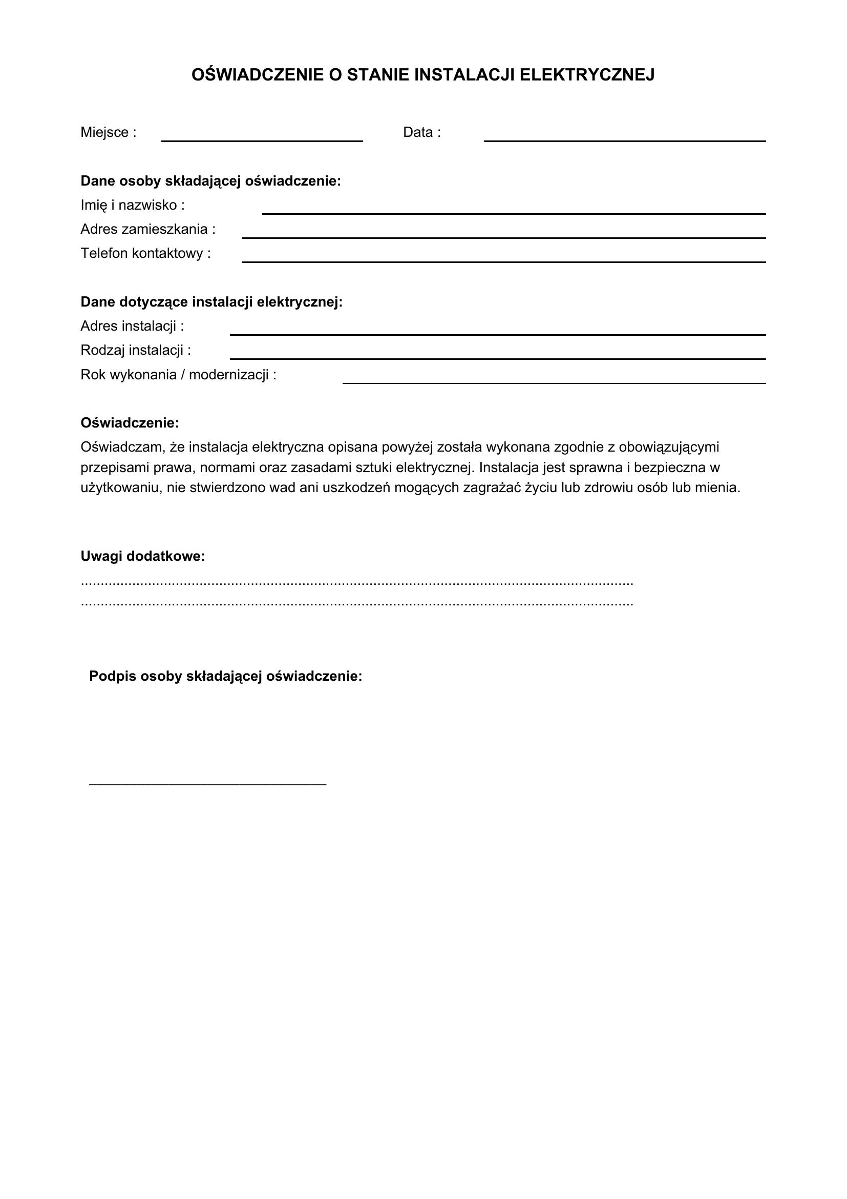 Oświadczenie O Stanie Instalacji Elektrycznej Wzór