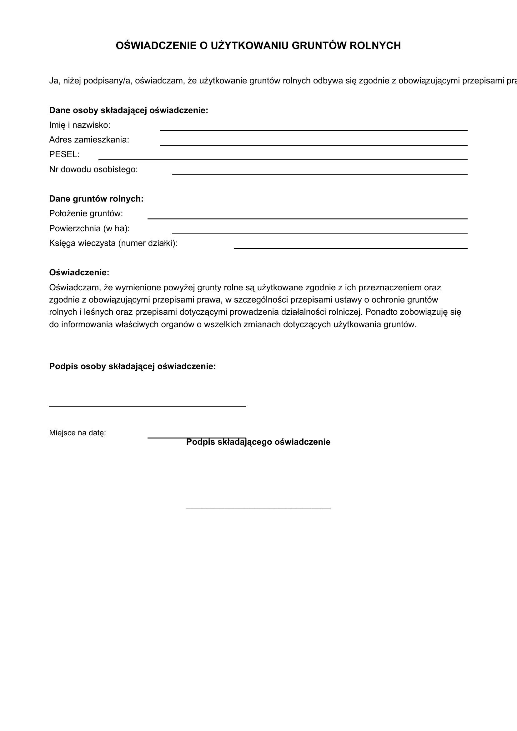 Oświadczenie O Użytkowaniu Gruntów Rolnych Wzór