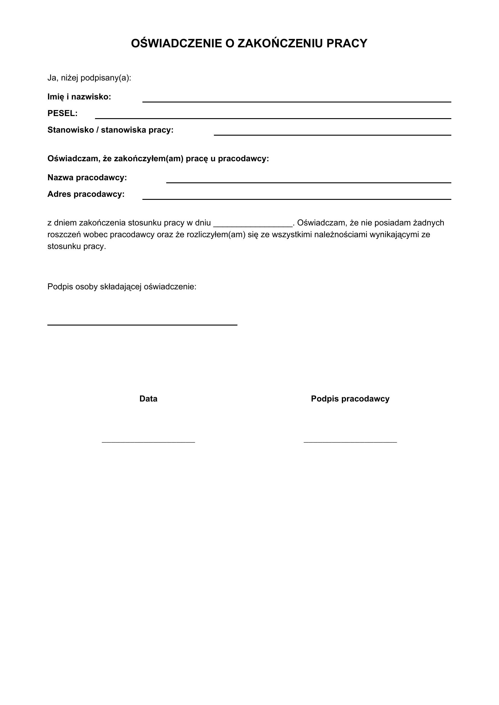 Oświadczenie O Zakończeniu Pracy Wzór