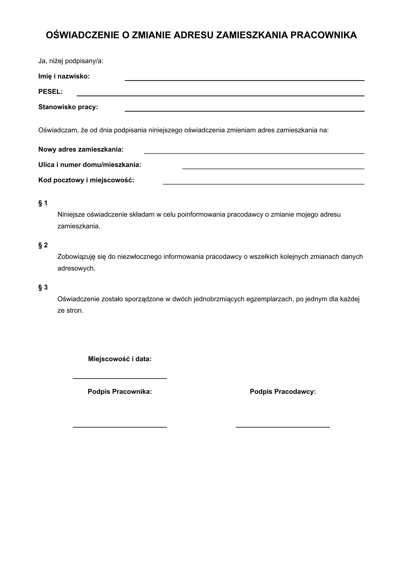 Oświadczenie O Zmianie Adresu Zamieszkania Pracownika Wzór