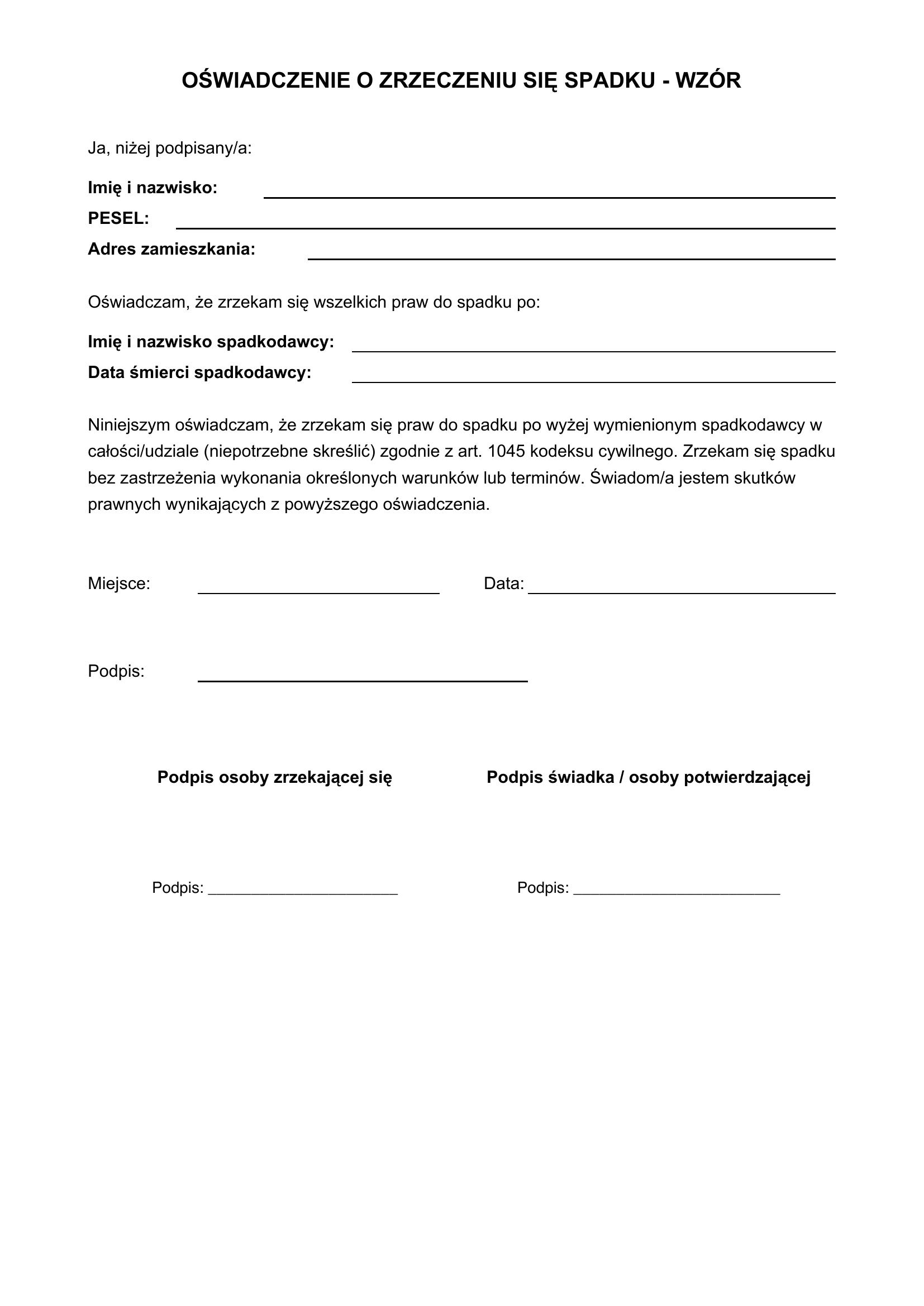 Oświadczenie O Zrzeczeniu Się Spadku - Wzór