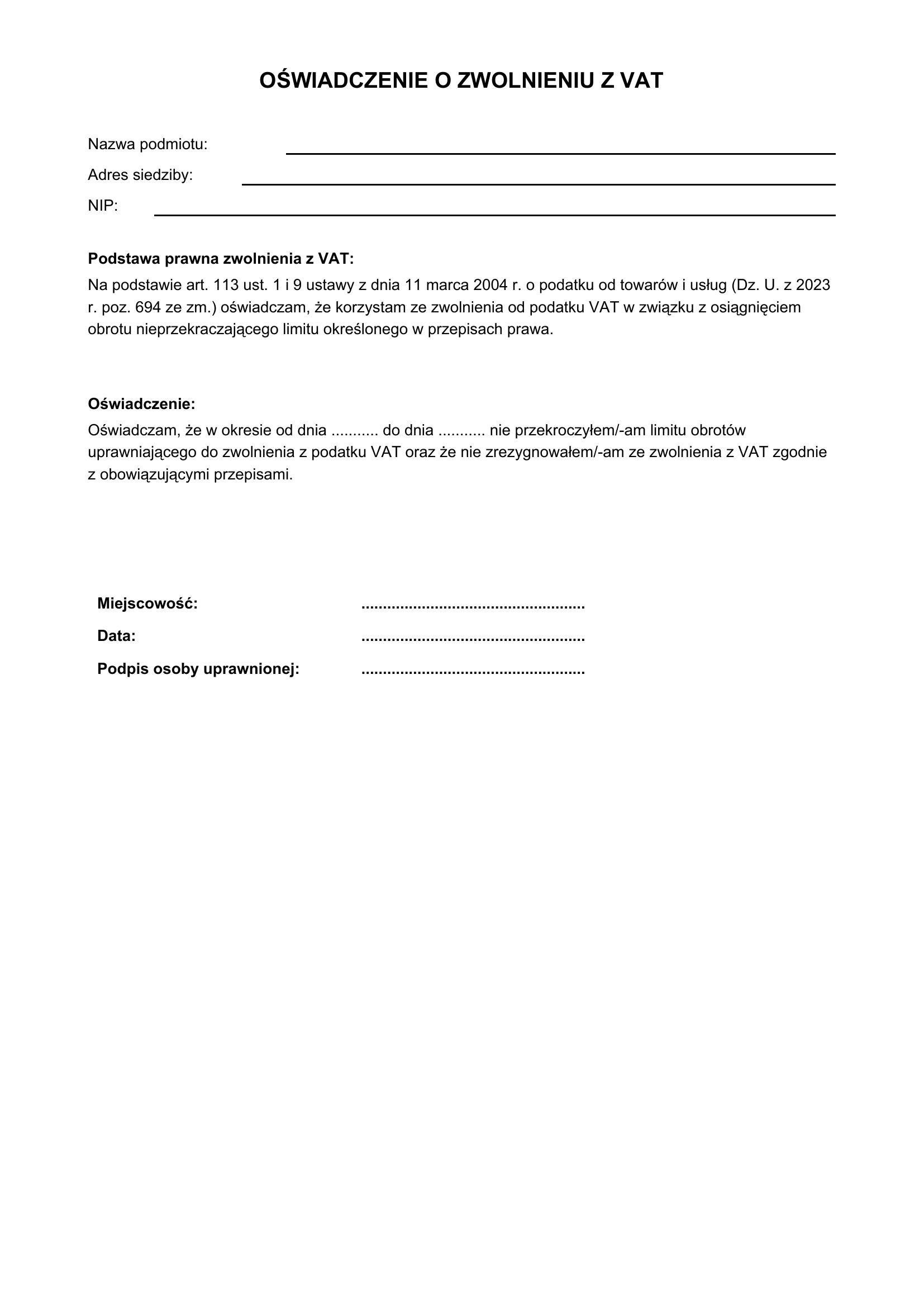 Oświadczenie O Zwolnieniu Z Vat Wzór