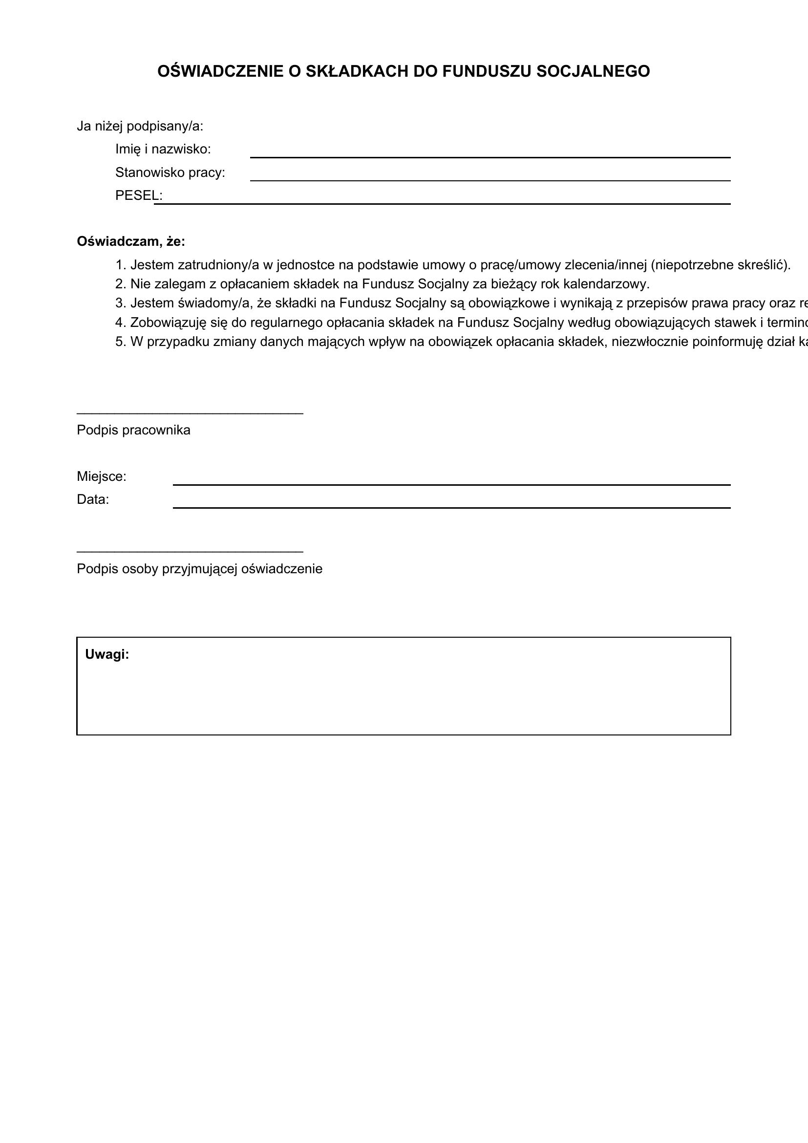 Oświadczenie Ohodach Do Funduszu Socjalnego Wzór