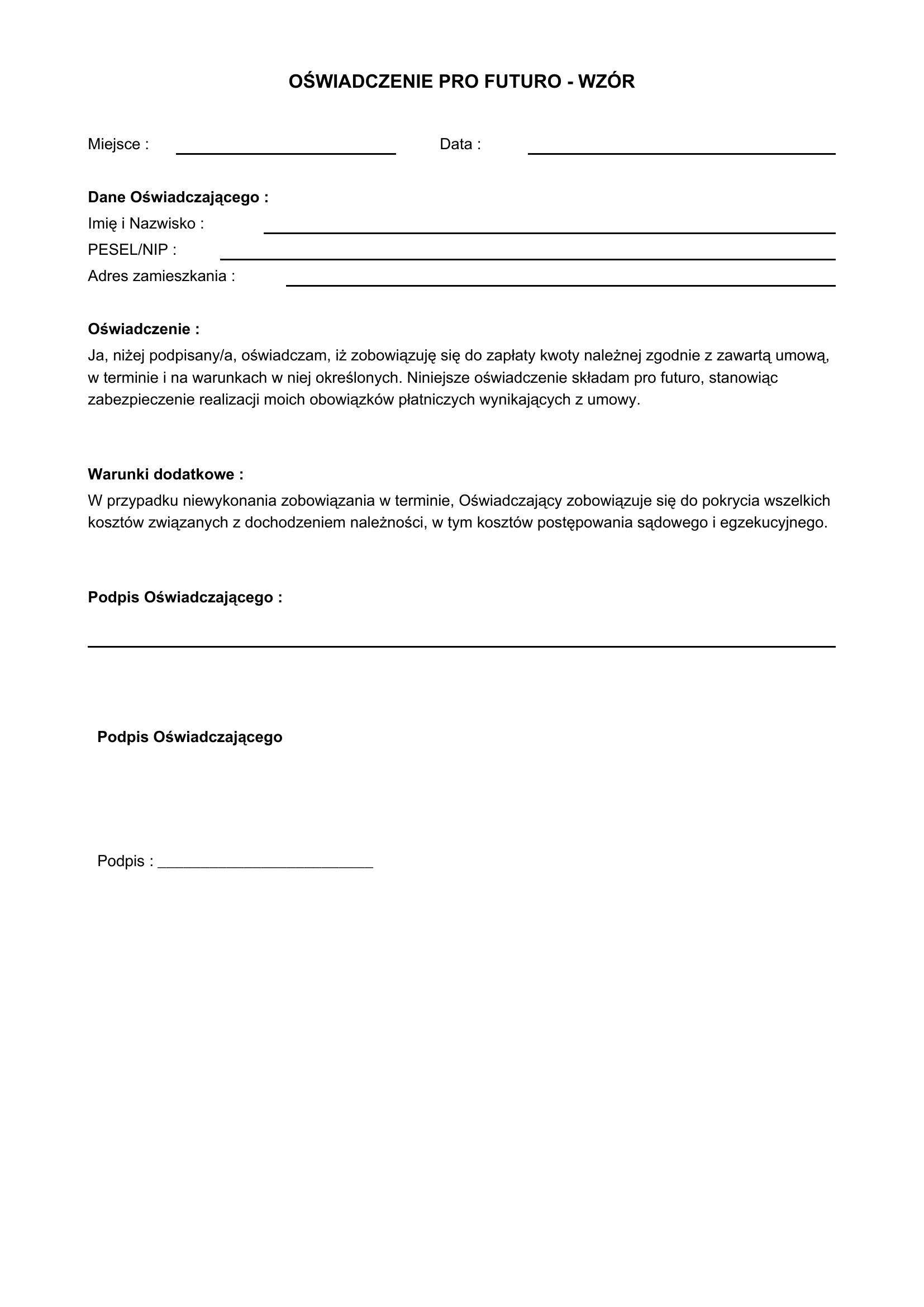 Oświadczenie Pro Futuro Wzór