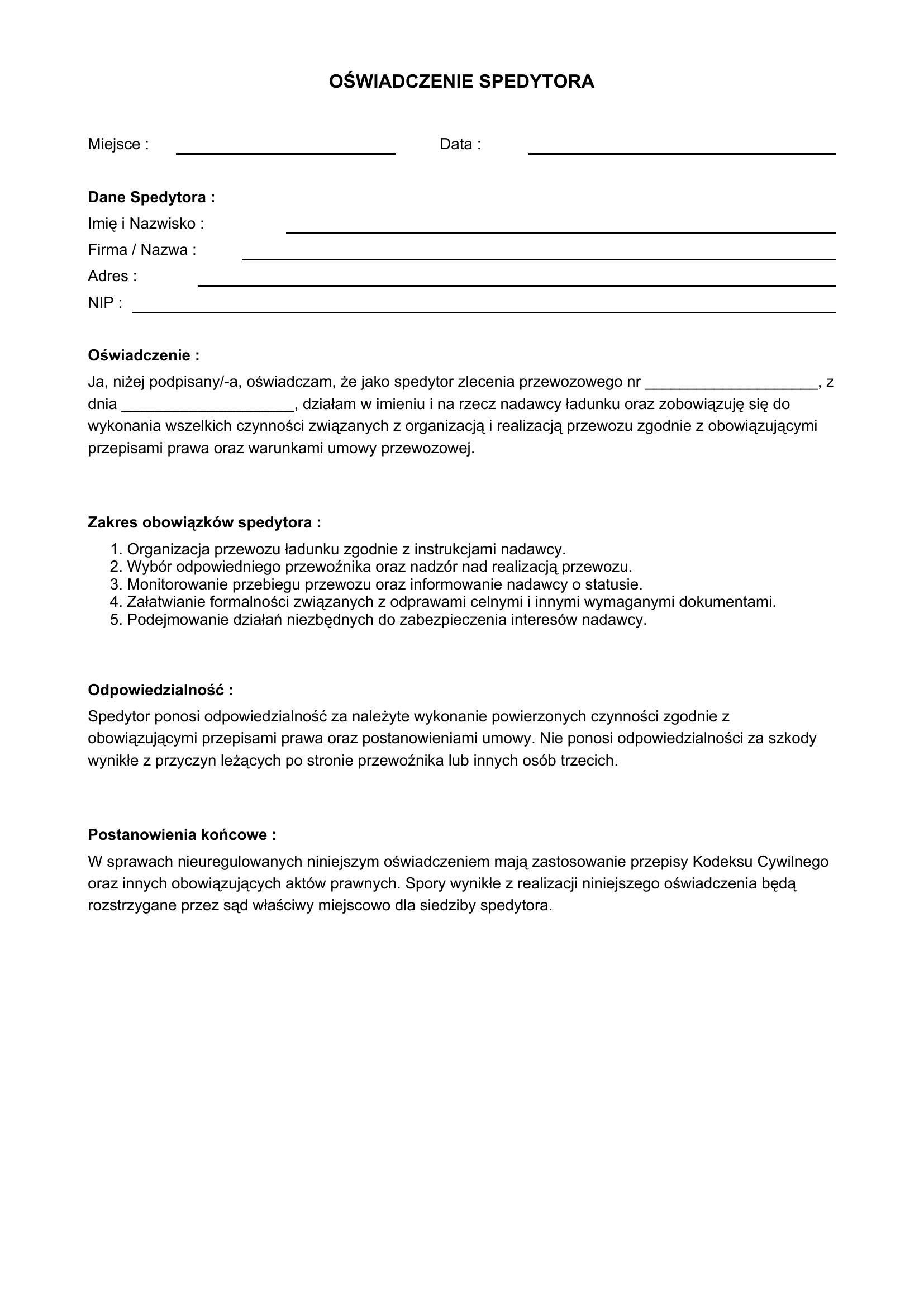 Oświadczenie Spedytora Wzór
