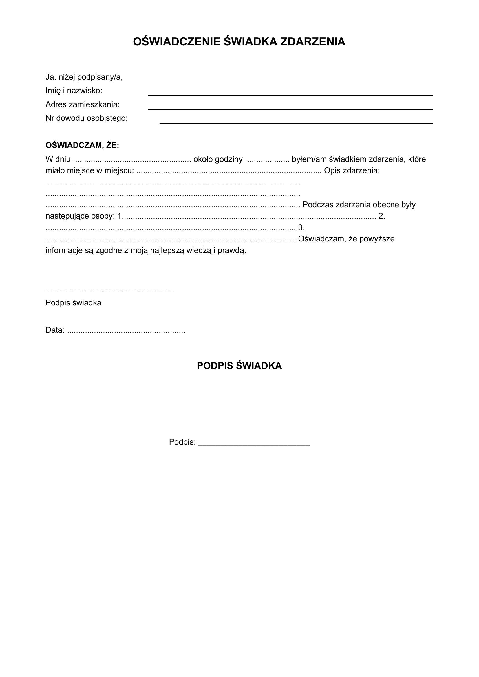 Oświadczenie Świadka Zdarzenia Wzór
