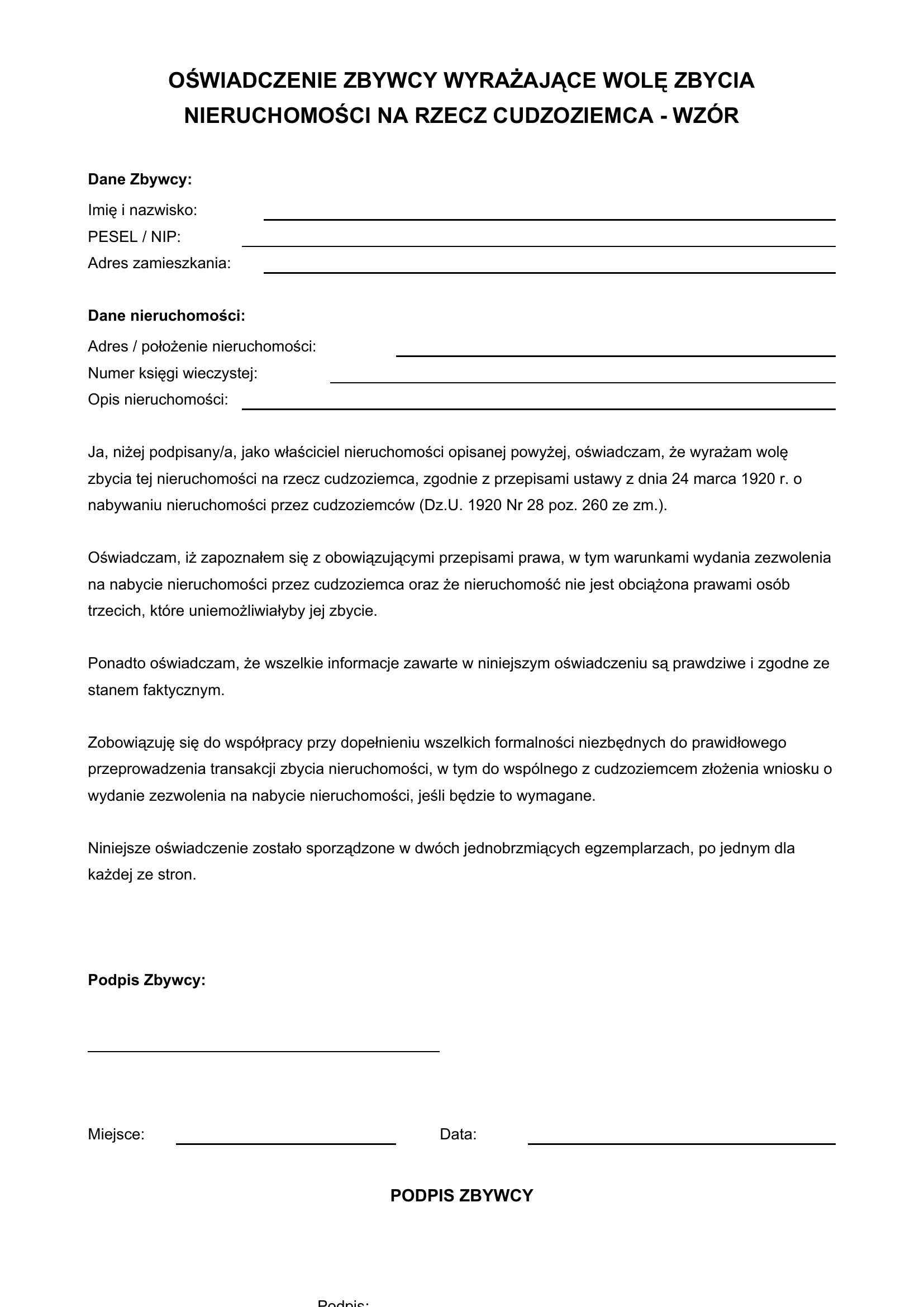 Oświadczenie Zbywcy Wyrażające Wolę Zbycia Nieruchomości Na Rzecz Cudzoziemca Wzór
