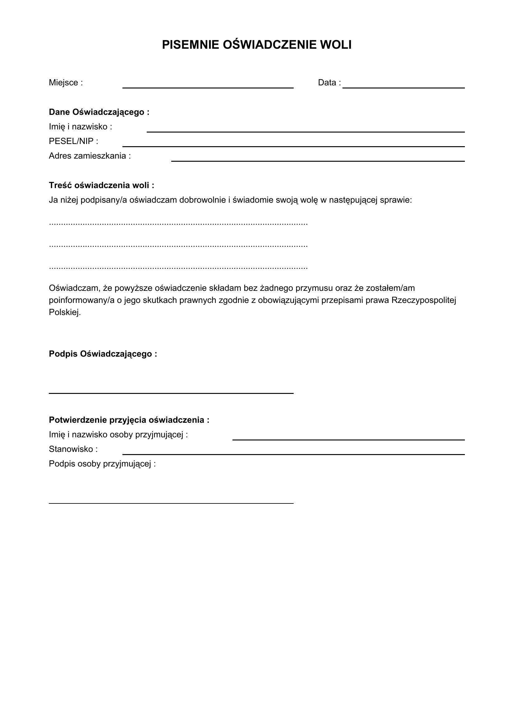 Pisemne Oświadczenie Woli Wzór